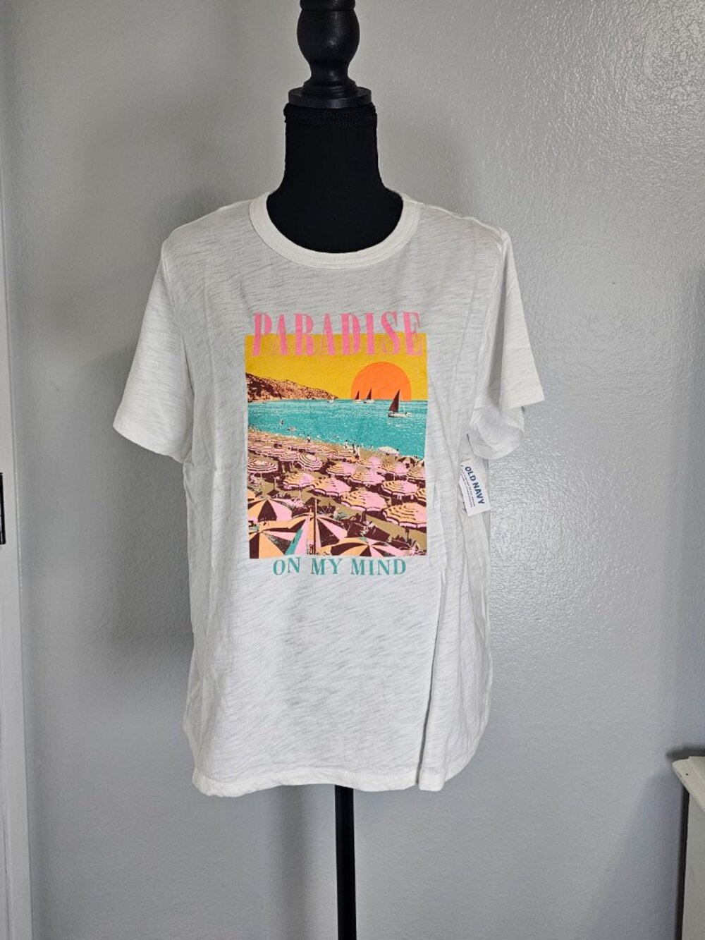 Old Navy Paradise on My Mind Graphic Tee White Women's Size Large NEW - Picture 2 of 6